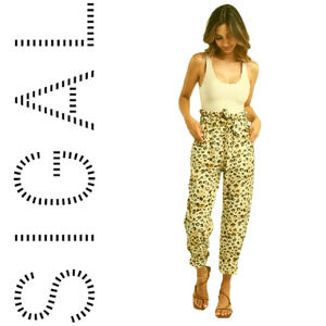 Sigal Felina Paper Bag Pants Sz XS Linen Blend Leopard Print Pull On Beachy